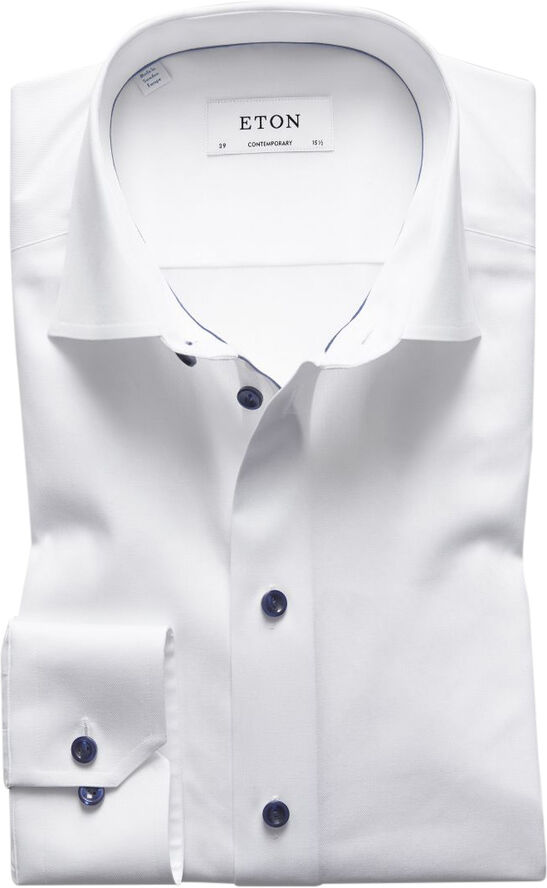 White Twill Shirt  Dark Blue Details - Contemporary Fit