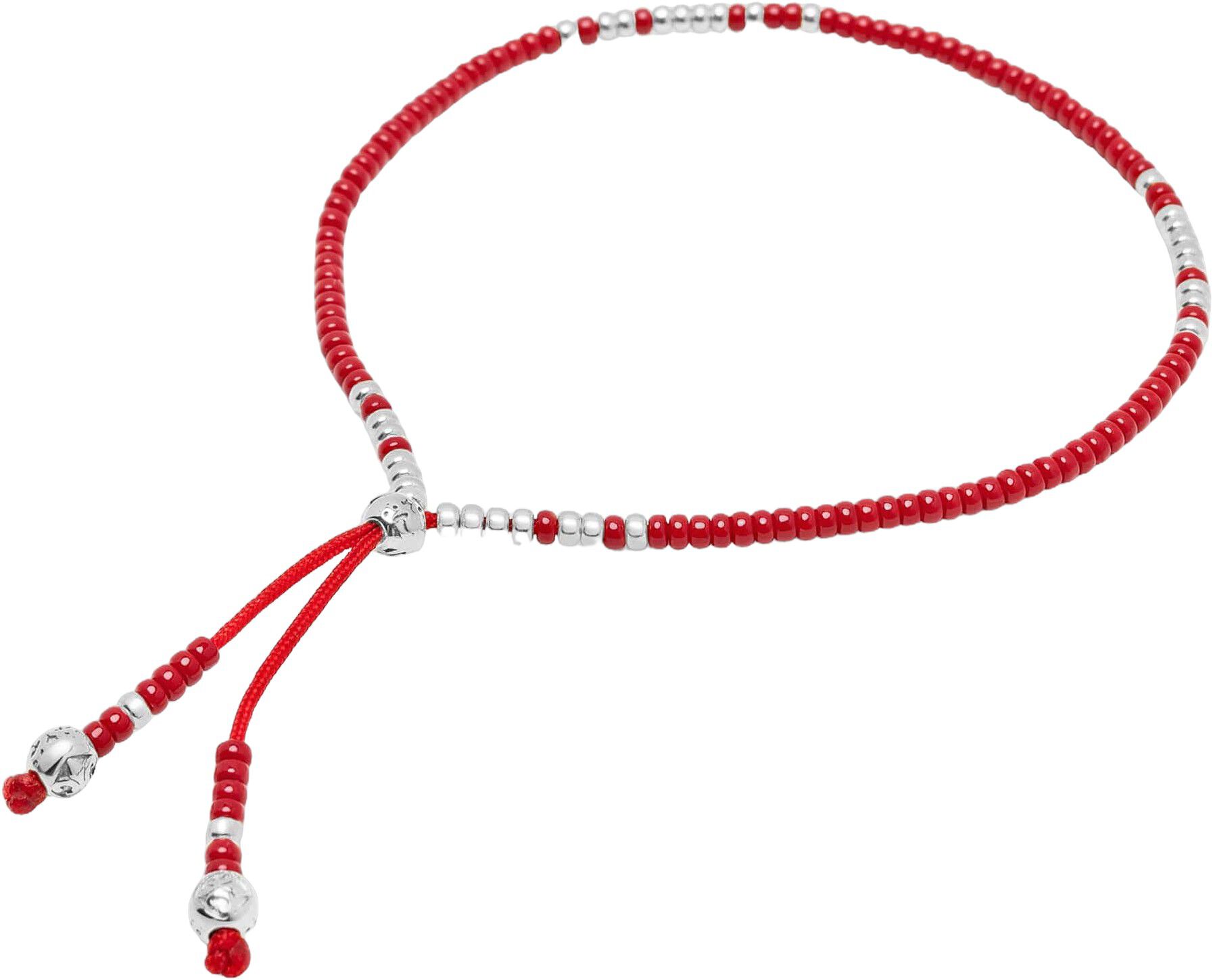 Red Beaded String Bracelet in Silver