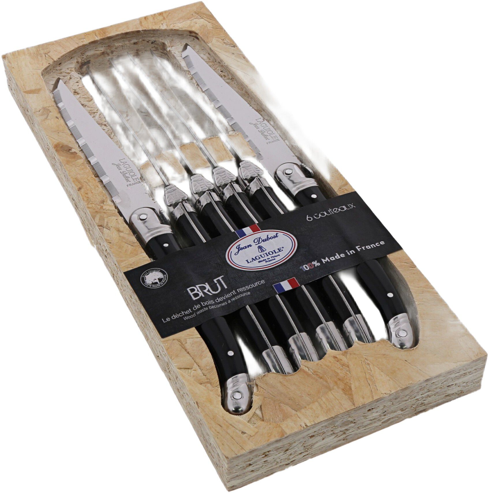 S&aelig;t med seks sorte knive, bladtykkelse 1,2 mm, pakket i en &aring;ben OSB-&aelig;s