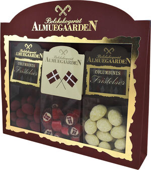 Tillykke-Gaveæske med flag bolcher, hindbær choko-mandeler og sne chok