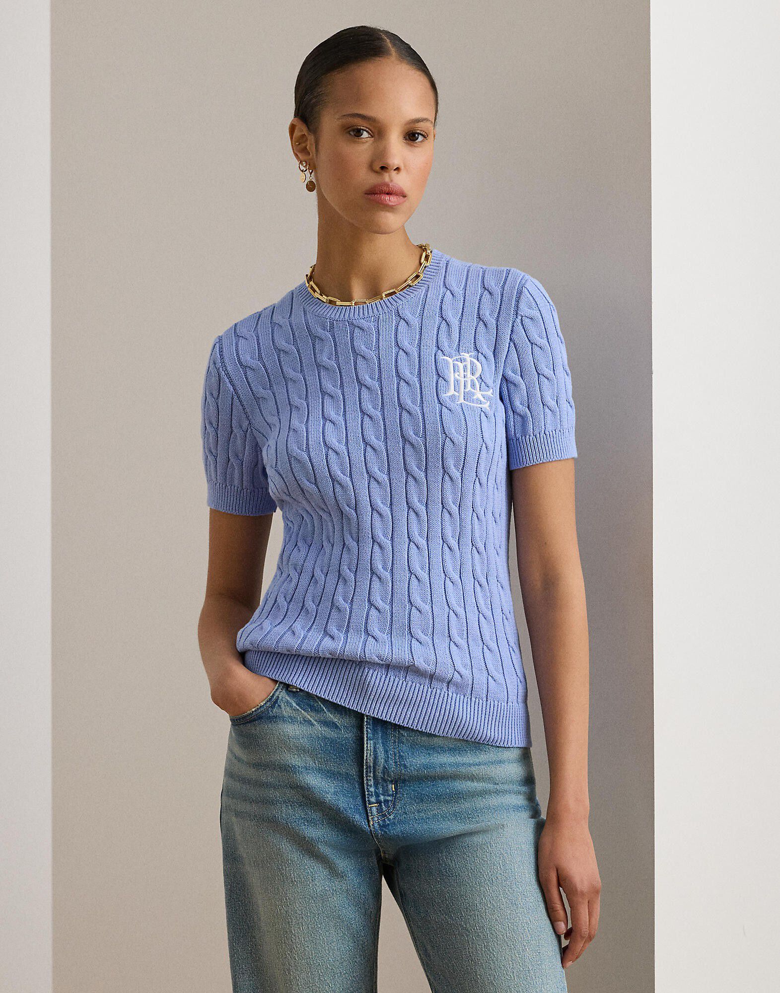 Cable-Knit Cotton Short-Sleeve Sweater