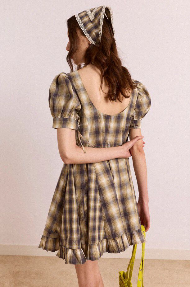 SABINA MINI GODET DRESS - CARDAMON MIX CHECK