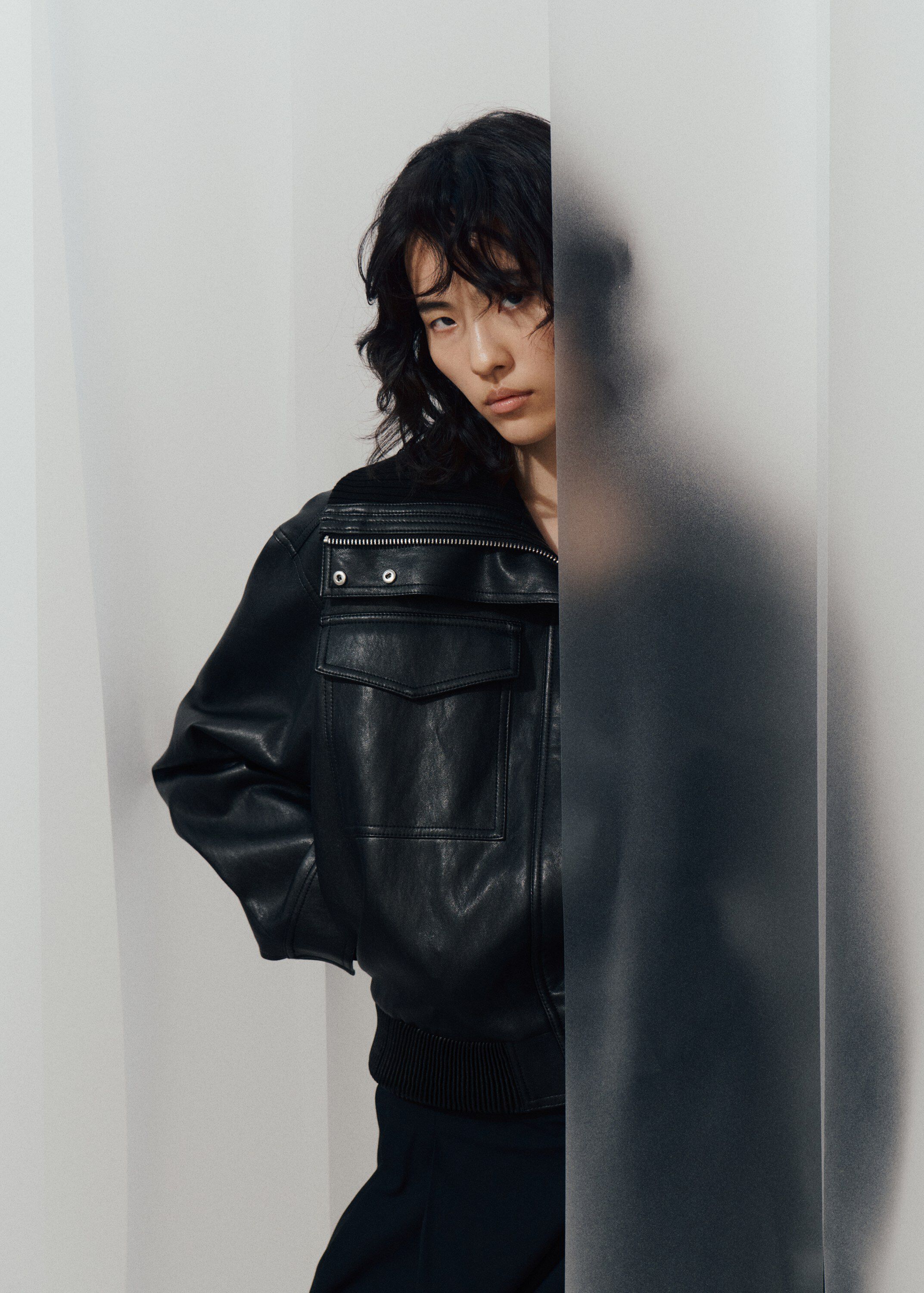 Faux leather jacket with ribbed col