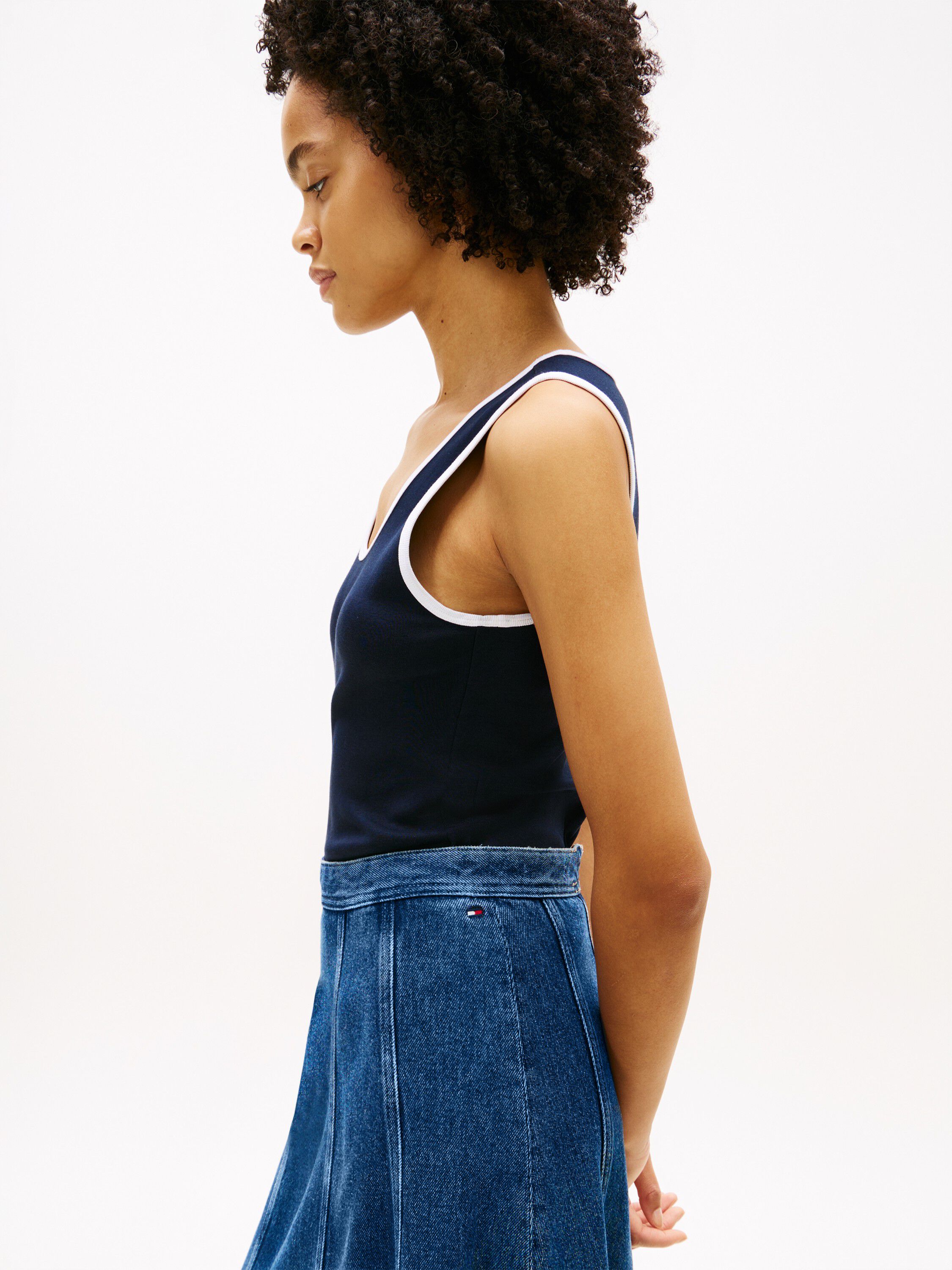 High Waisted Flared Denim Midi Skirt