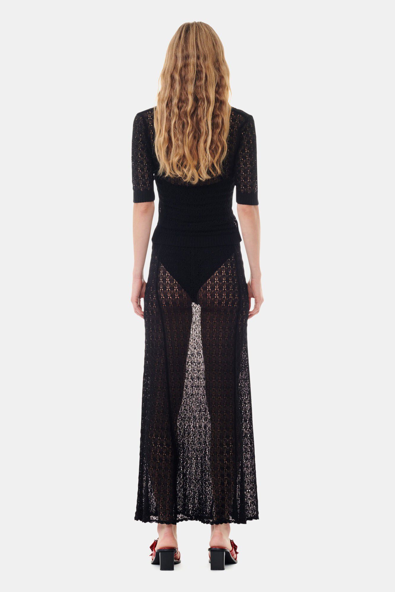 Shiny Pointelle Knit Short Sleeve P