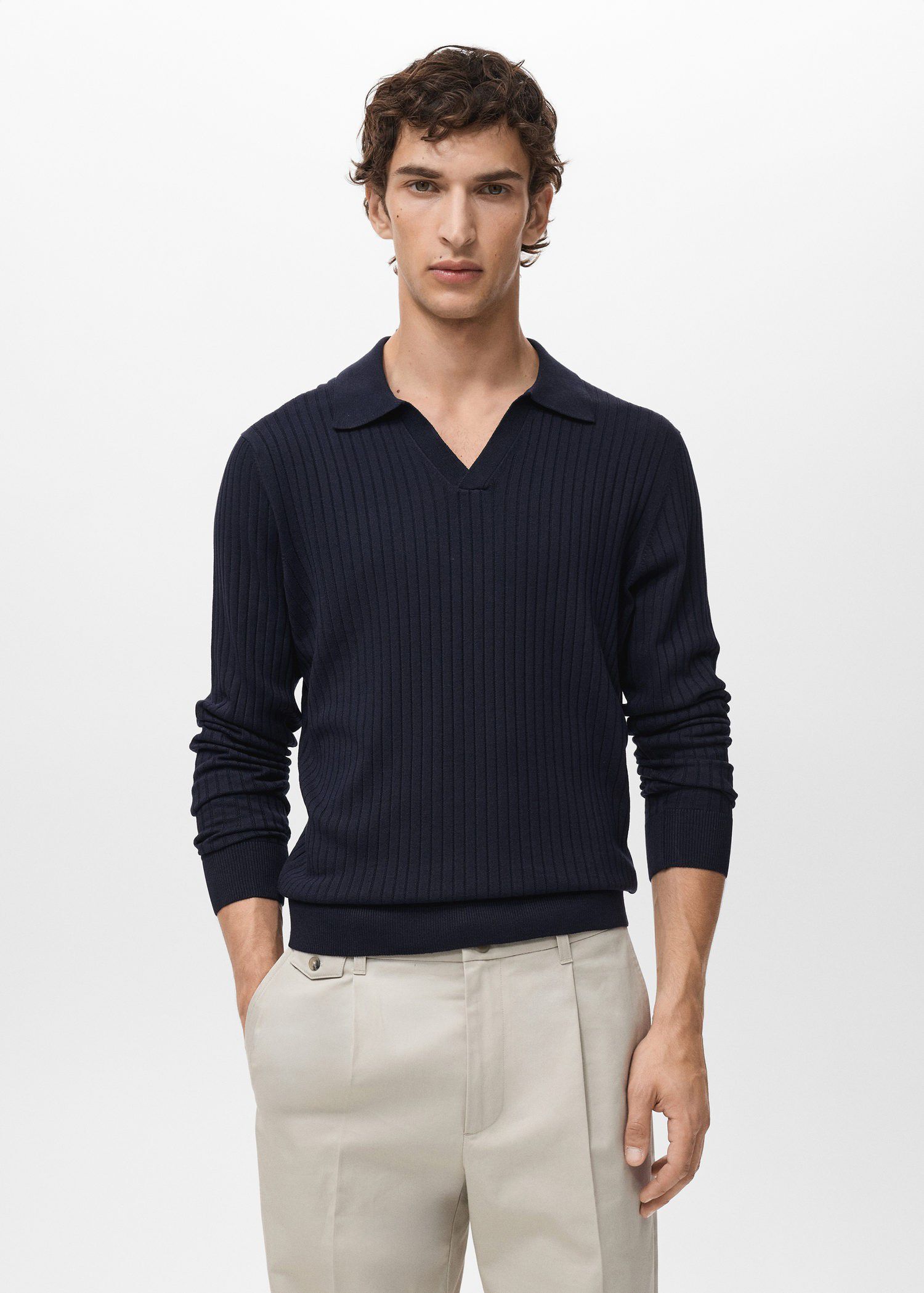 Ribbed knitted polo sweater