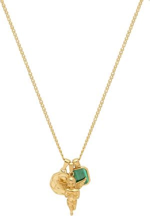 Men's Gold Talisman Necklace with Angel and Malachite Pendan
