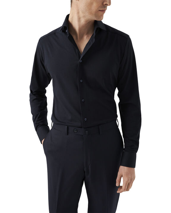 Contemporary Fit Navy Blue Solid Four-Flex Stretch Shirt