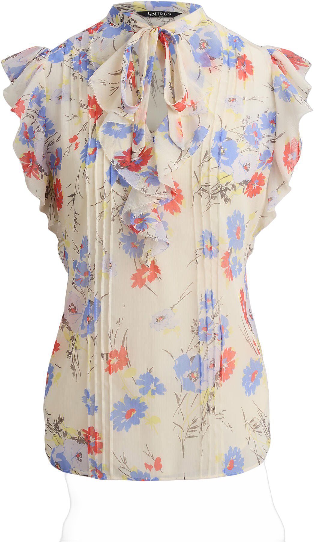 Floral Pintucked Tie-Neck Blouse