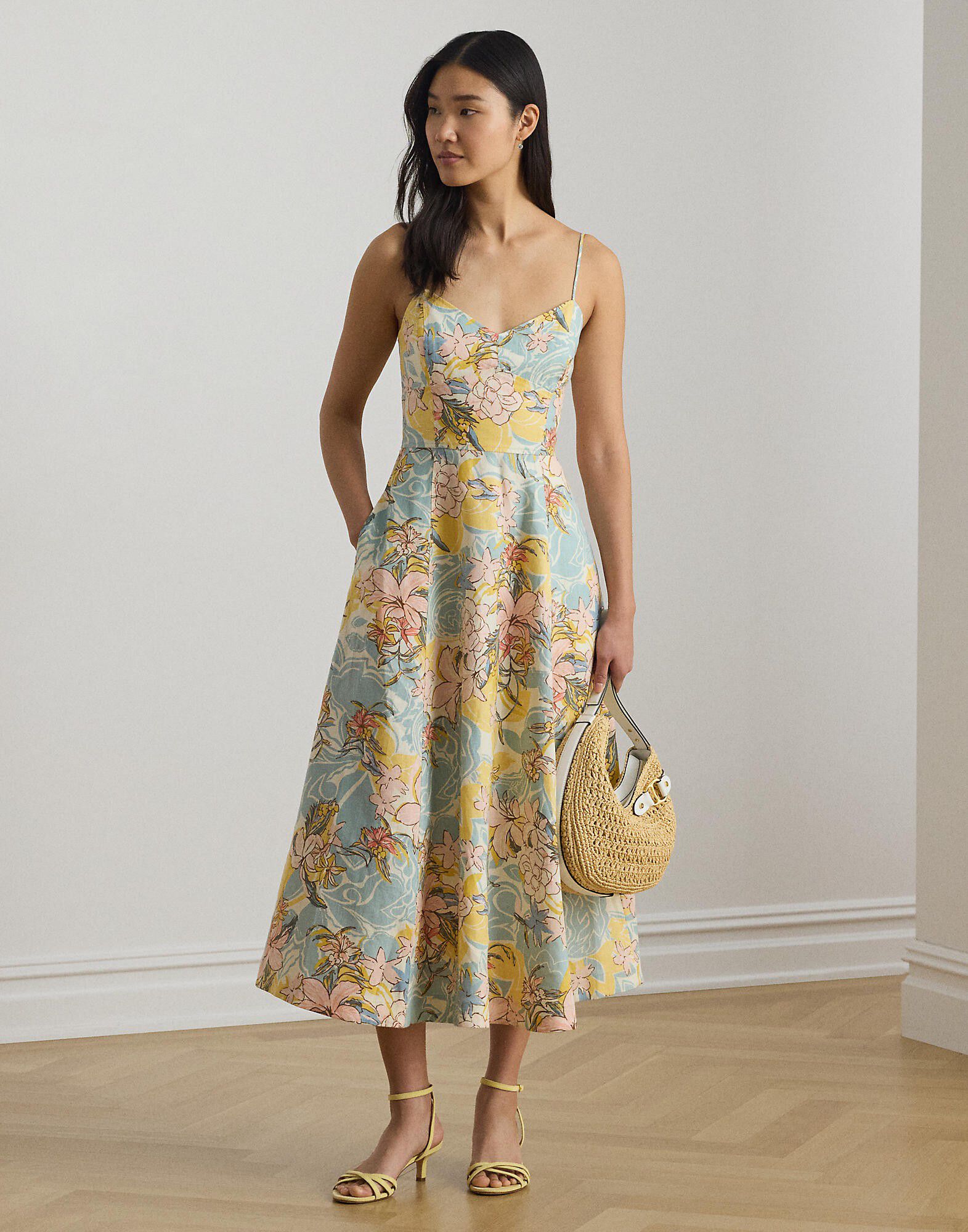 Floral Linen Sleeveless Midi Dress