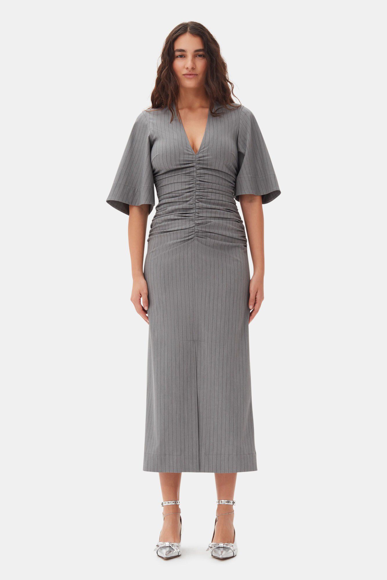 Stripe Suiting V-neck Fitted Dress