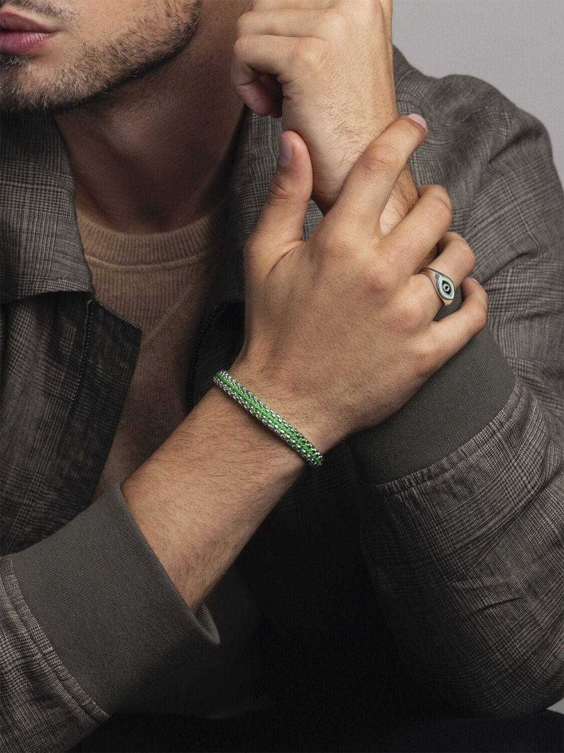 Men's Green Woven 8mm Box Chain Bracelet in Silver