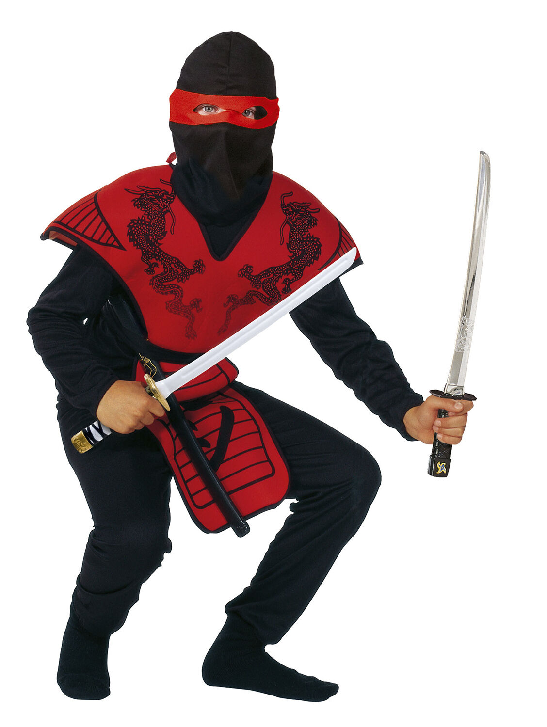 Red Ninja Stofbrynje. bluse, bukser, h&aelig;tte og maske str. 120
