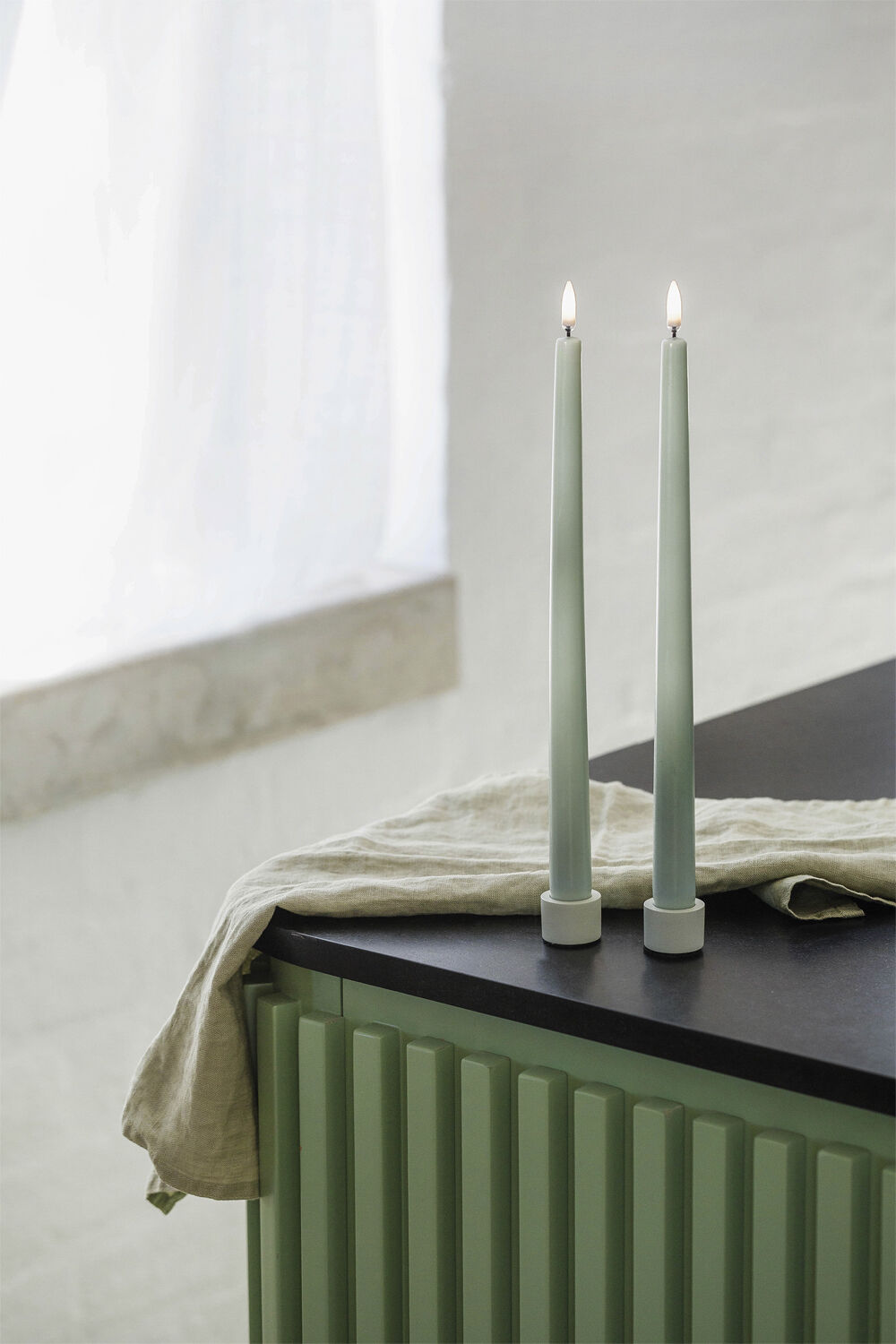 LED slim taper candle, Dusty Green, Smooth, 2-pack, 2,3x32 cm