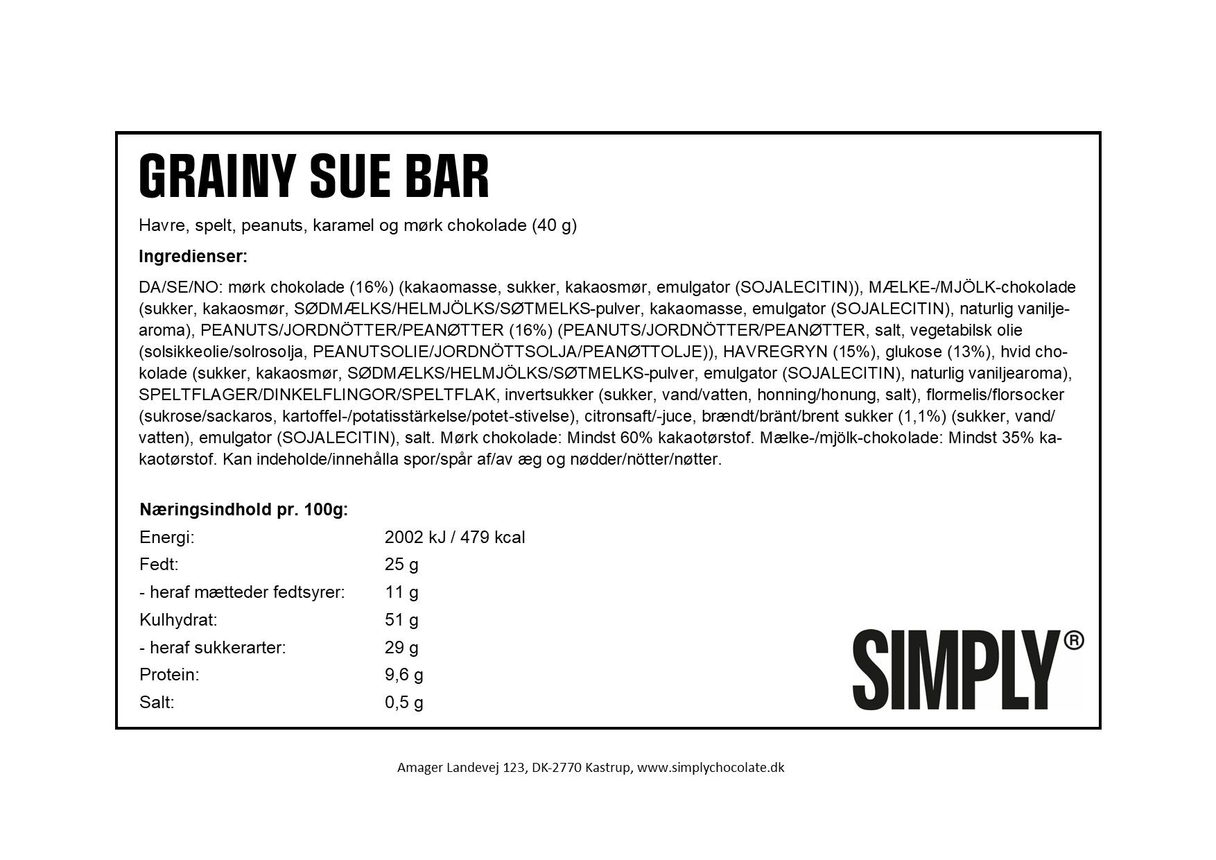 Simply&reg; GRAINY SUE chokoladebar (40g)