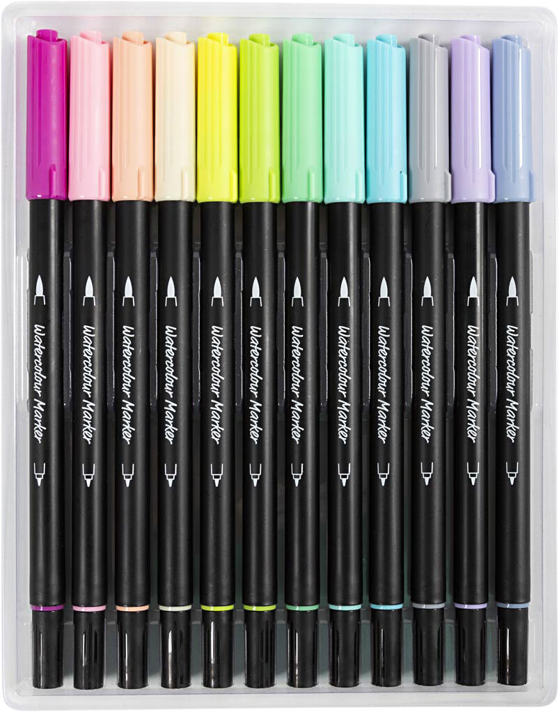 Akvareltusch, Pastel, streg 2+4-8 mm, ass. farver