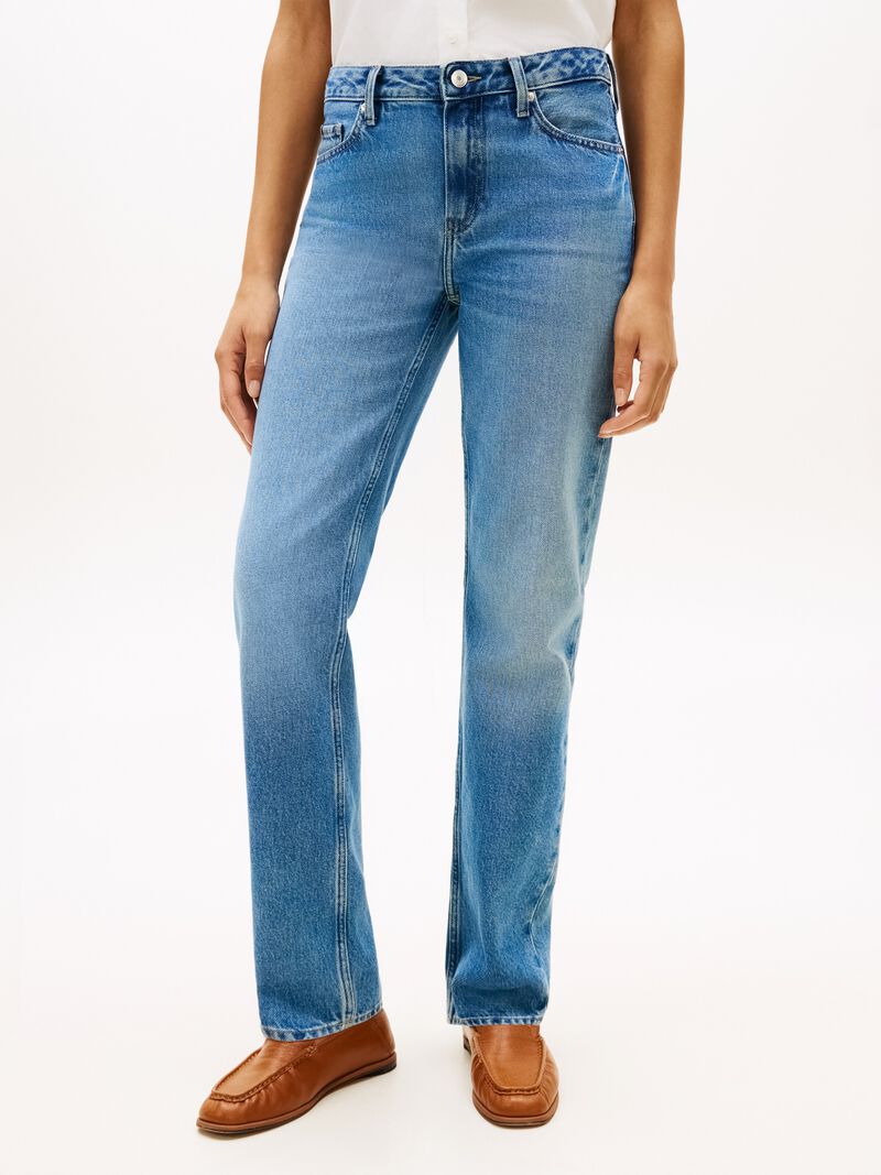 Whiskered Mid Rise Straight Leg Jeans