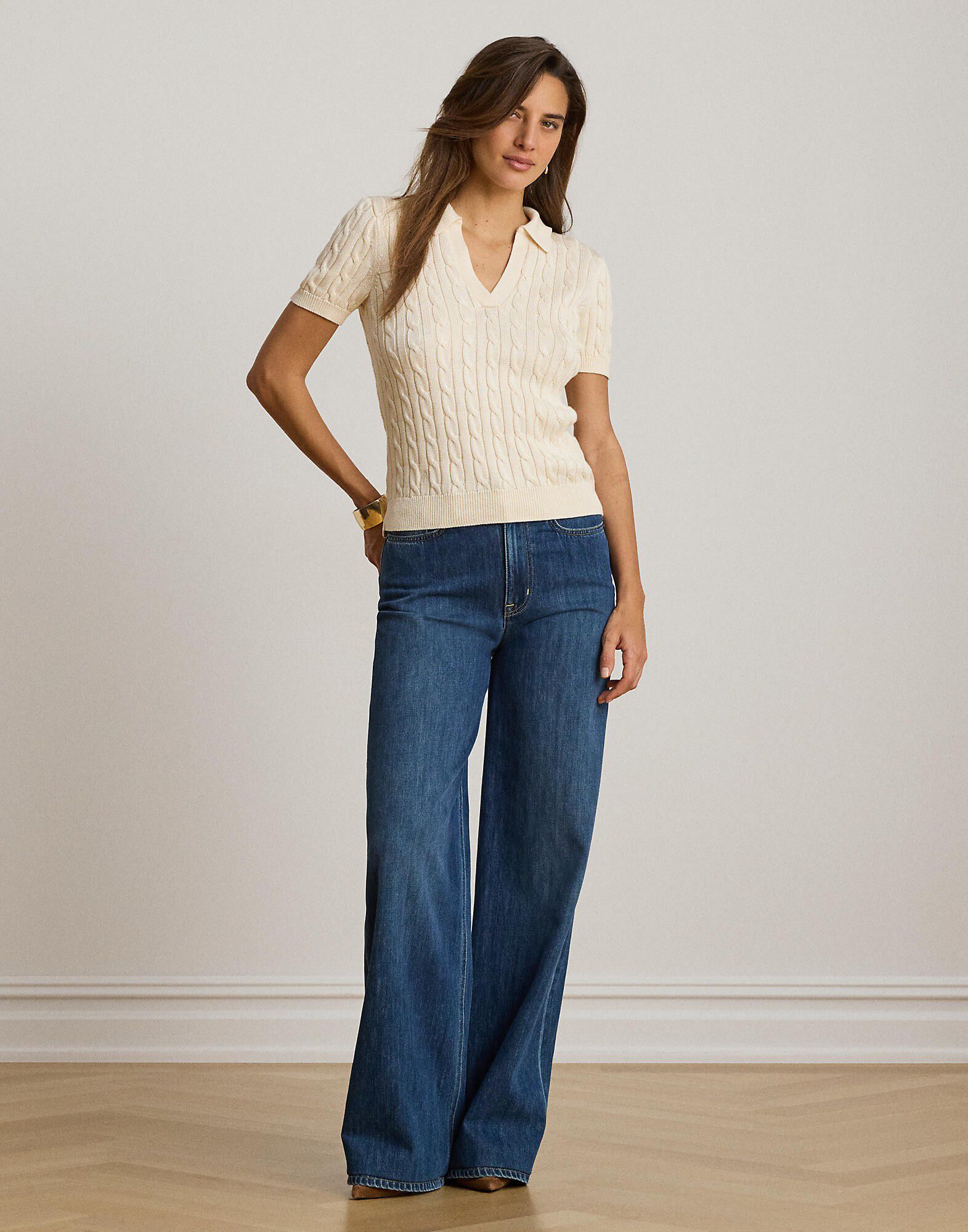 Cable Cotton-Blend Short-Sleeve Sweater