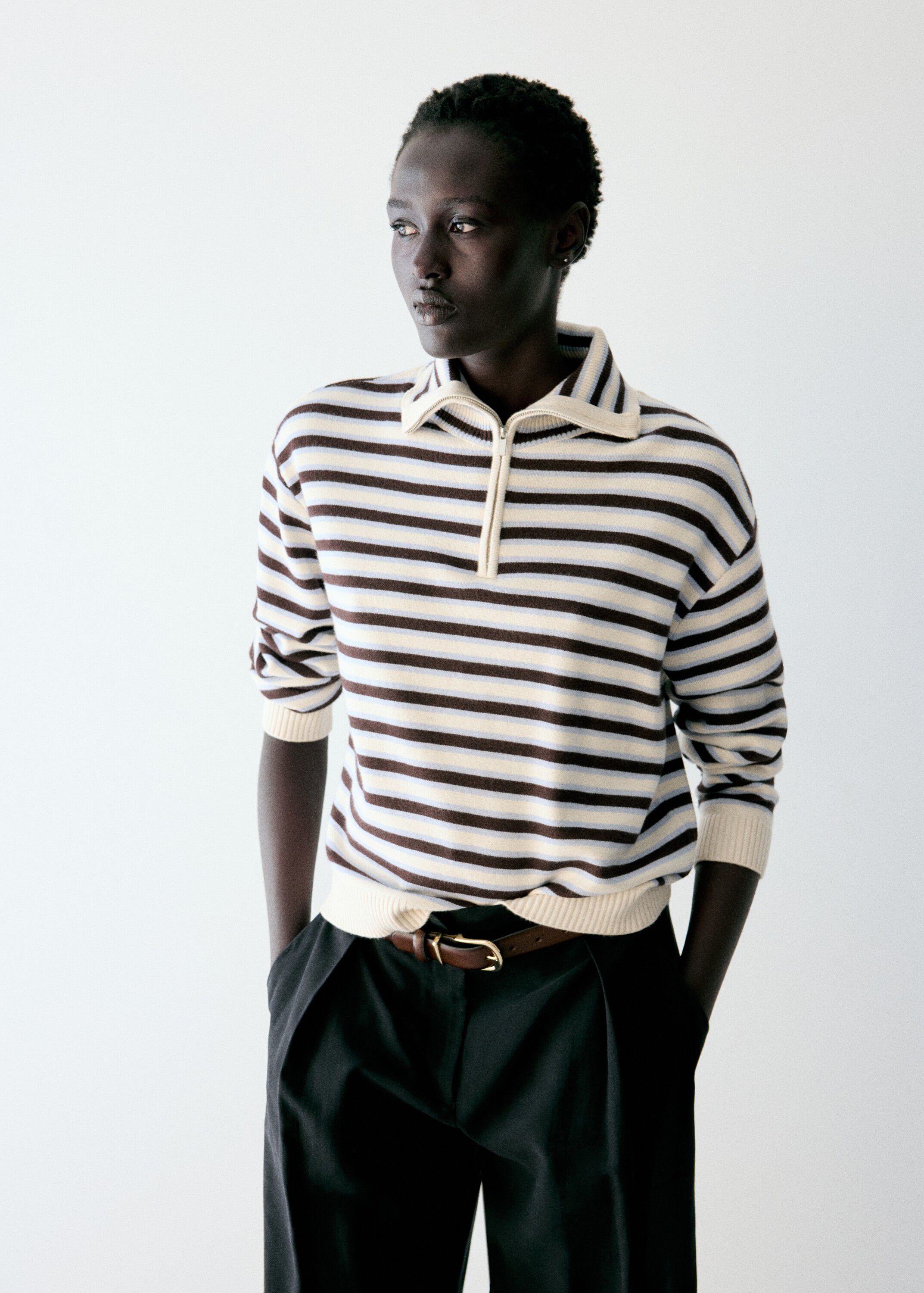 Striped sweater with perkins neck