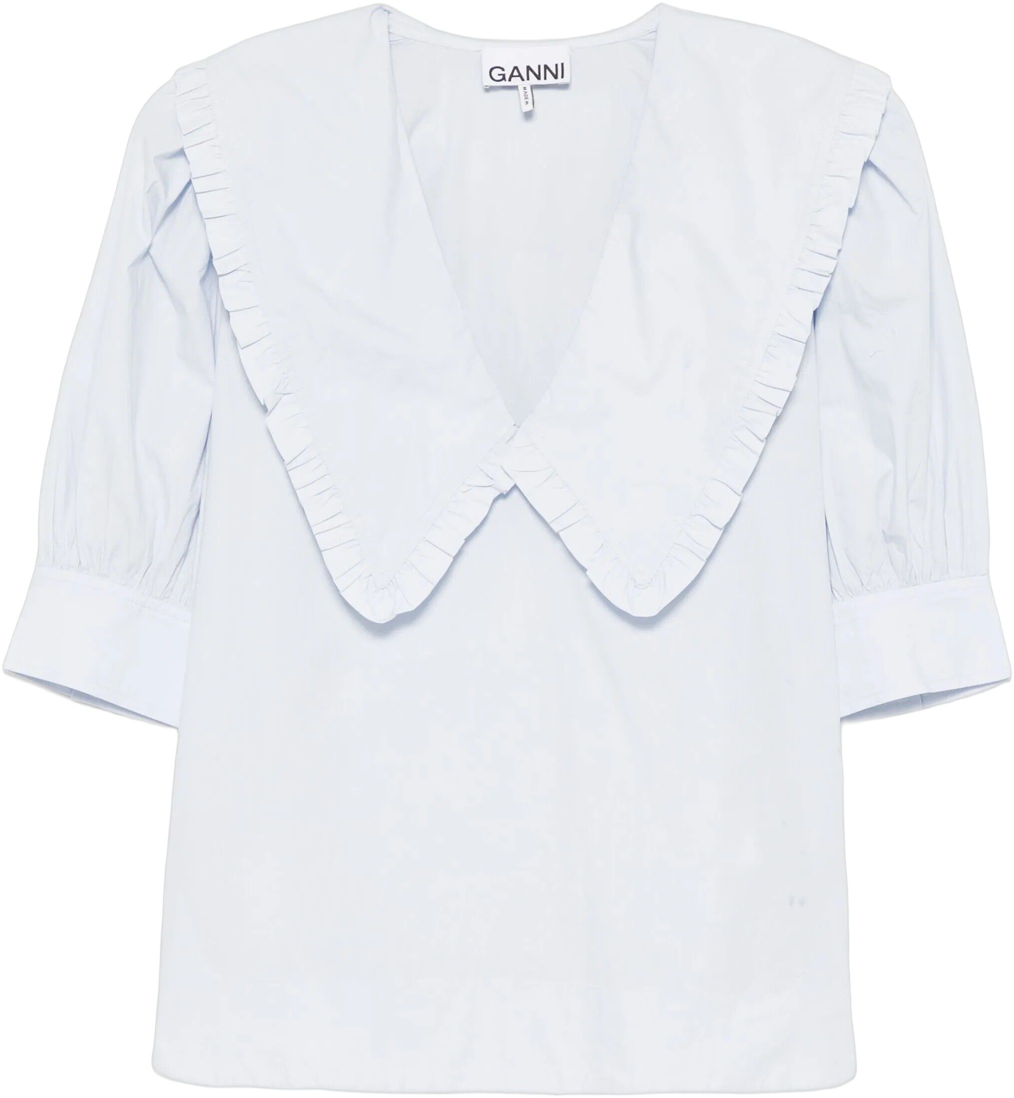Cotton Poplin V-neck Ruffle Blouse