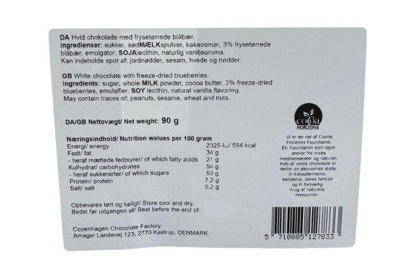 Plade, Hvid chokolade m/ bl&aring;b&aelig;r 90 g