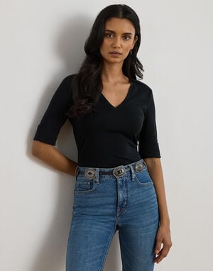 Stretch Cotton Elbow-Sleeve V-Neck Tee