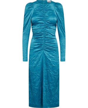 Crinkled Satin O-Neck Midi Dress