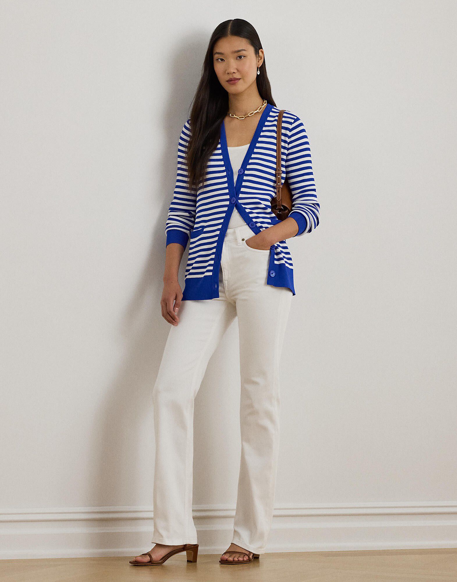 Striped Rib-Knit V-Neck Cardigan