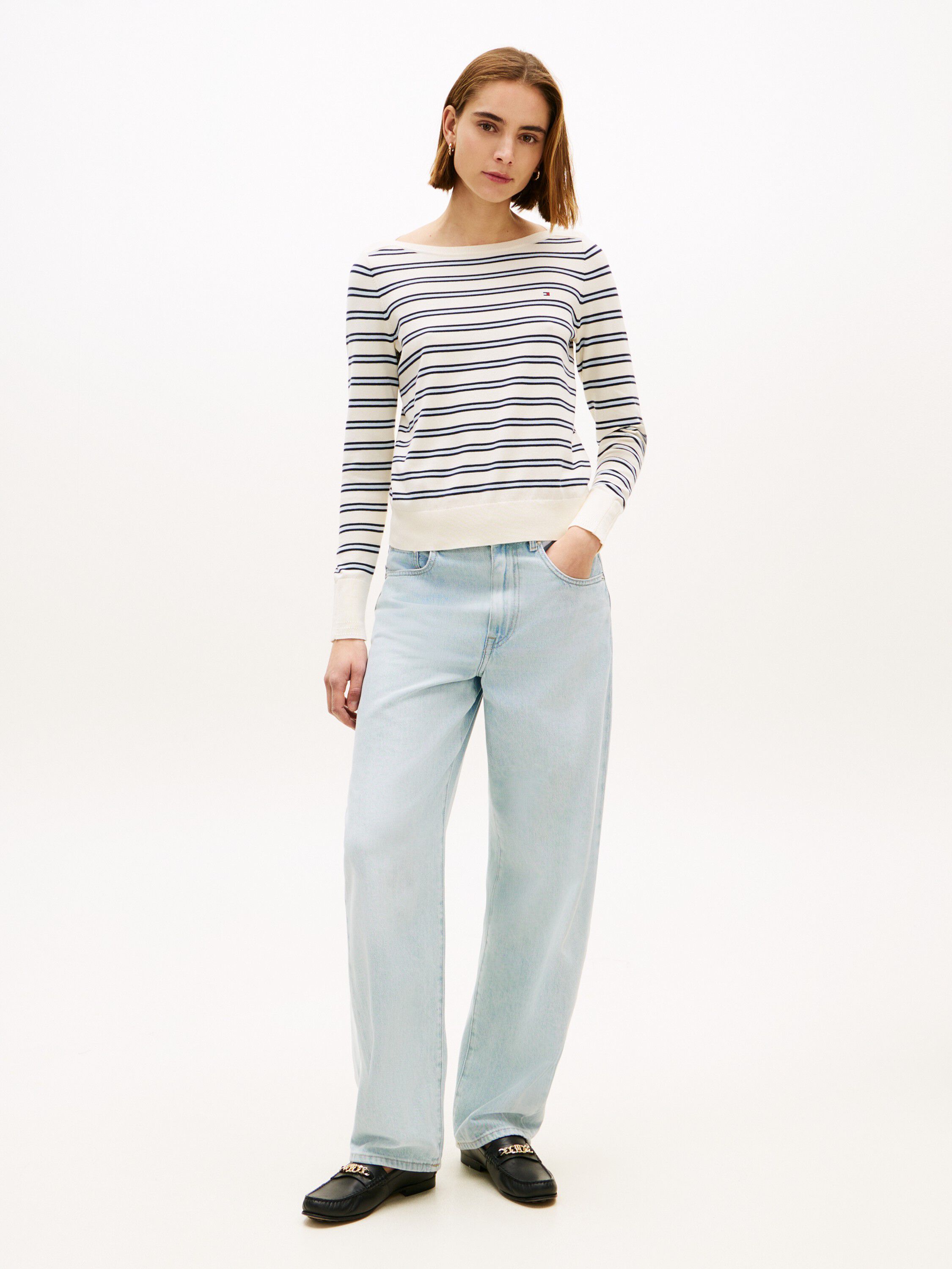 Gold-Tone Button Jersey Boat Neck Jumper