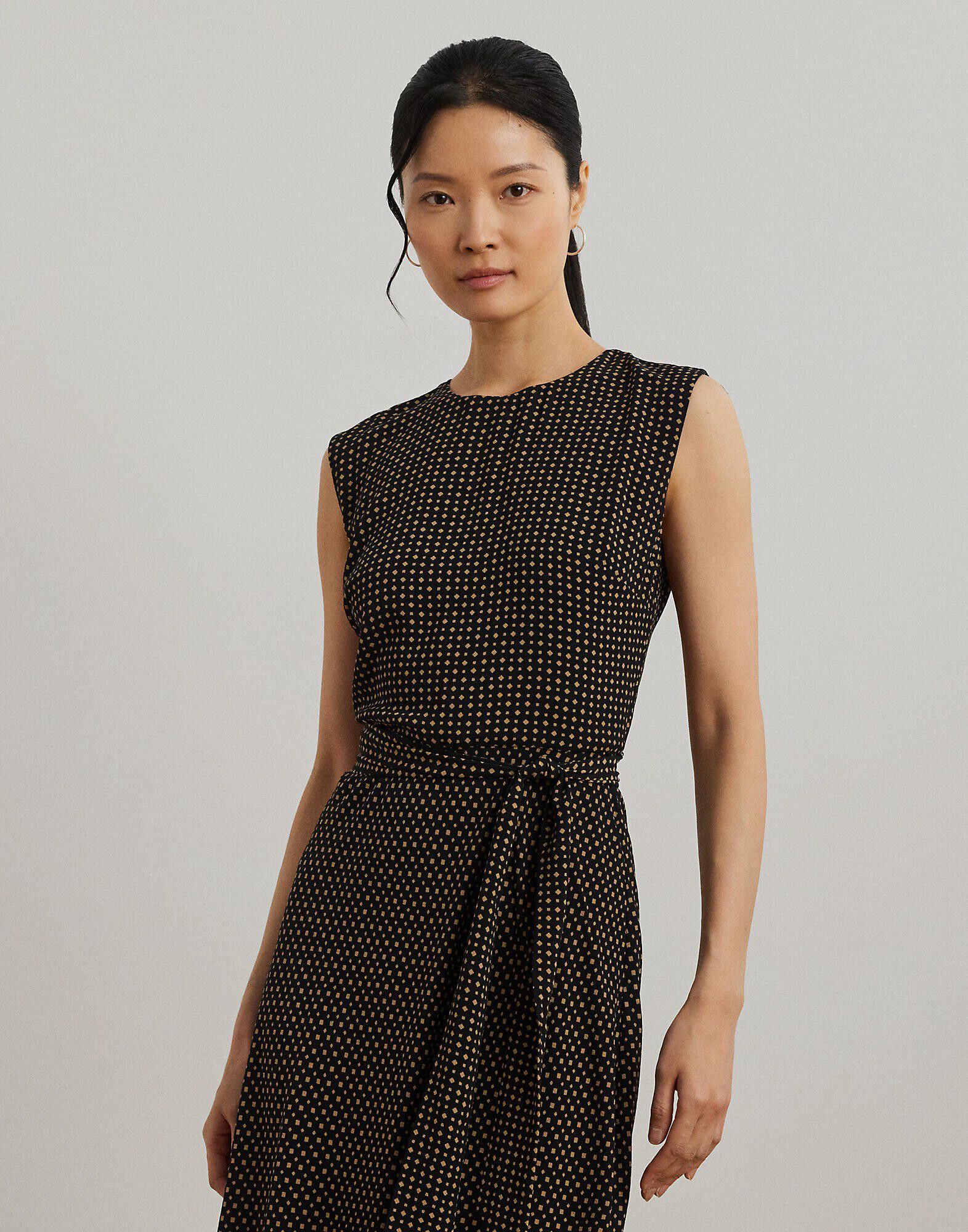 Geo-Print Belted Bubble Crepe Dress