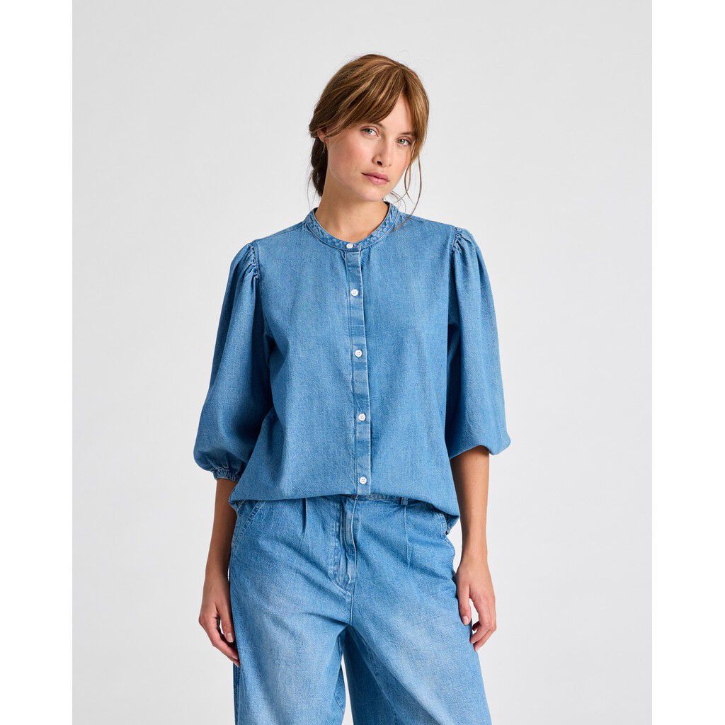 Elinor L/S Cotton Denim Light Washed Stand Collar Shirt GOTS