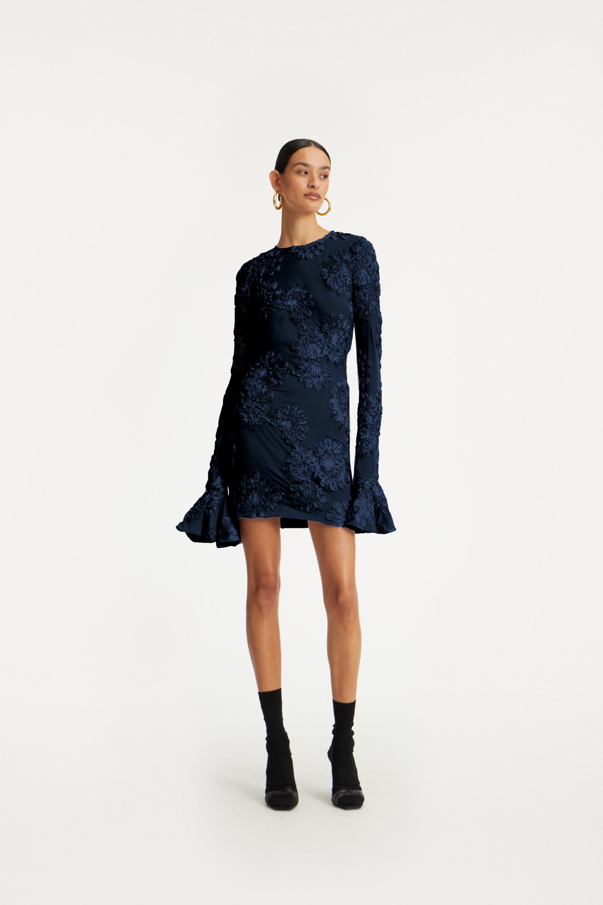 FLOWER MESH LS MINI DRESS