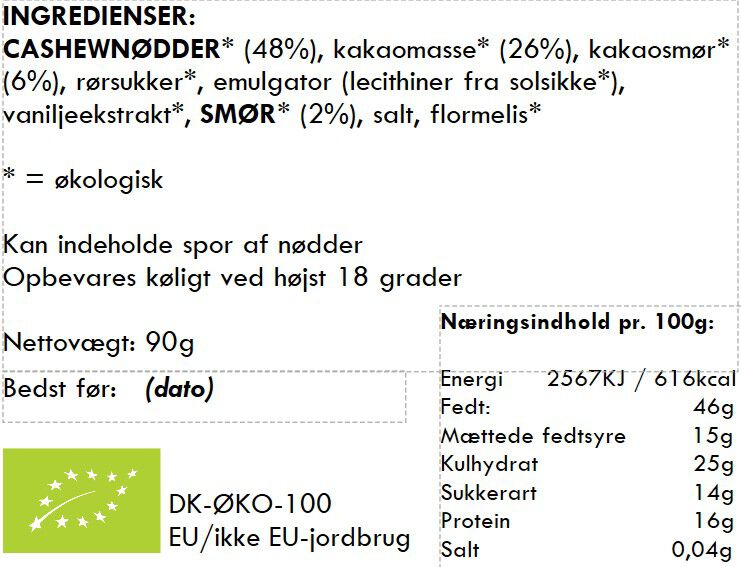Cashewn&oslash;dder / brunet sm&oslash;r / flormelis / S&atilde;o Tom&eacute; 66% m&oslash;rk chokolade