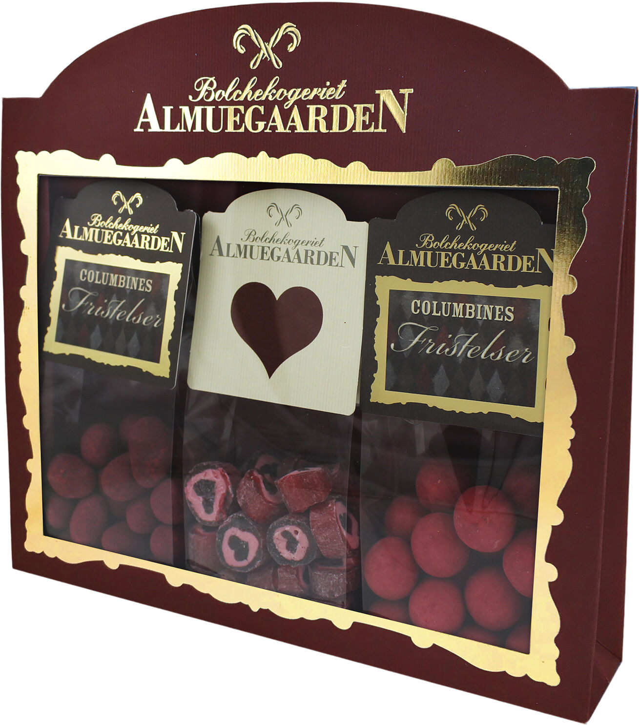 K&aelig;rligheds-Gave&aelig;ske med hjerte bolcher, hindb&aelig;r choko-lakridser og hin