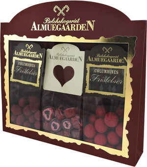 Kærligheds-Gaveæske med hjerte bolcher, hindbær choko-lakridser og hin