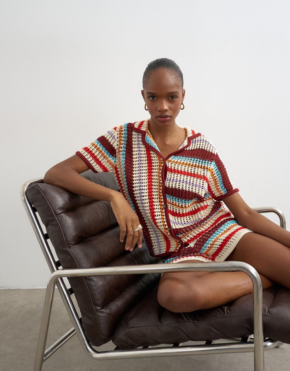 TSGERDI SS CROCHET STRIPED KNIT SHI