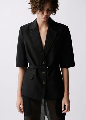 Linen blend suit blazer with belt