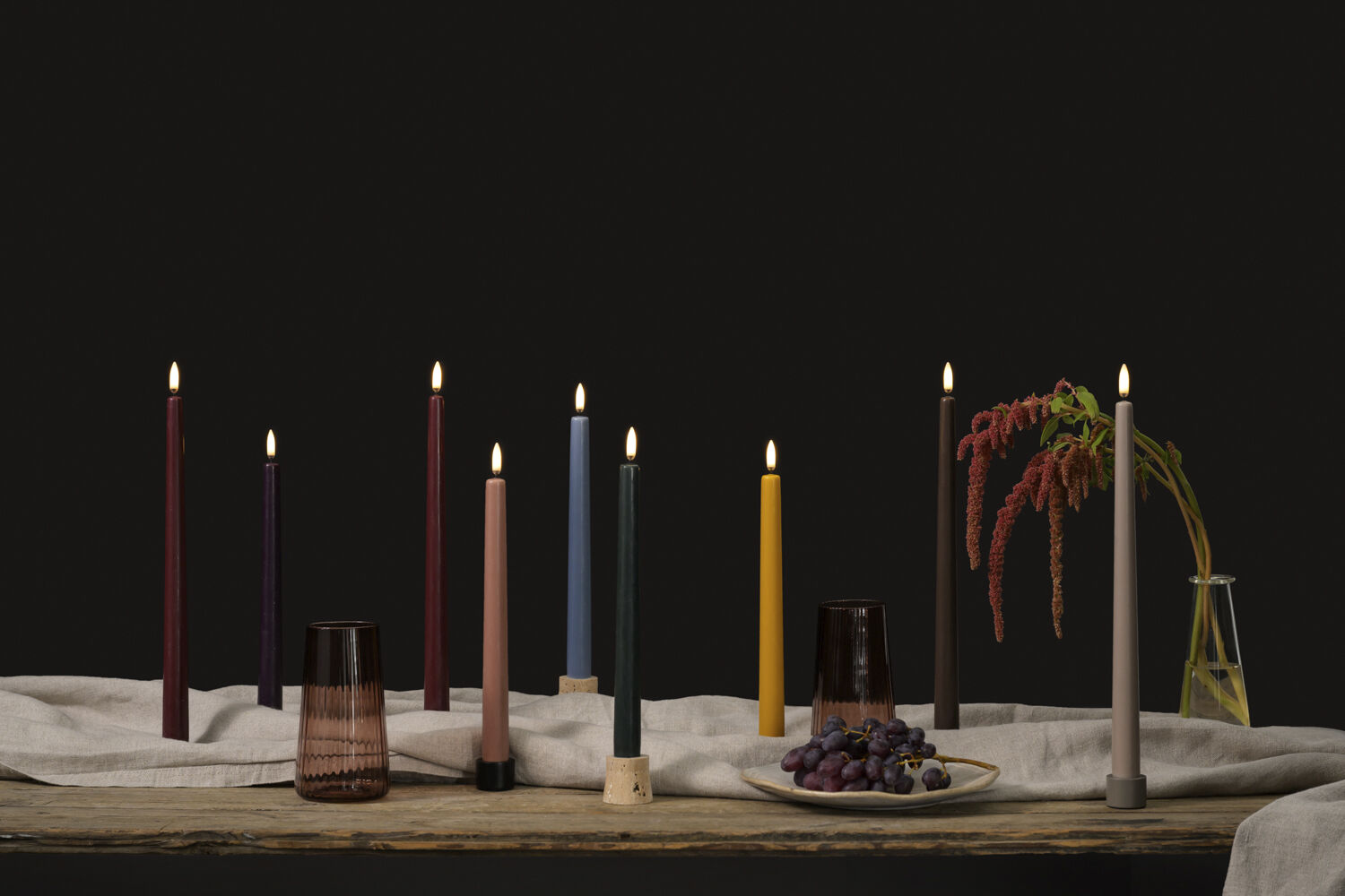 LED taper candle, Wine red, smooth, 2-pack, 2,3x25 cm