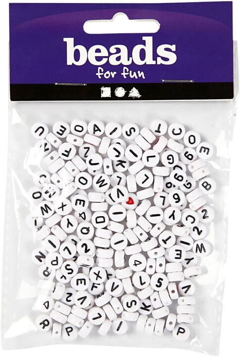 Bogstavperler, str. 7 mm, hulstr. 1,2 mm.