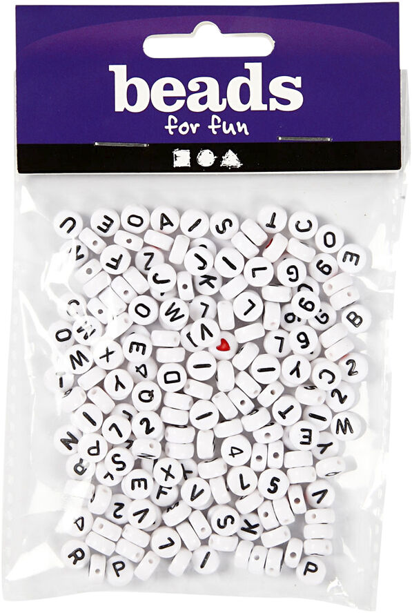 Bogstavperler, str. 7 mm, hulstr. 1,2 mm.