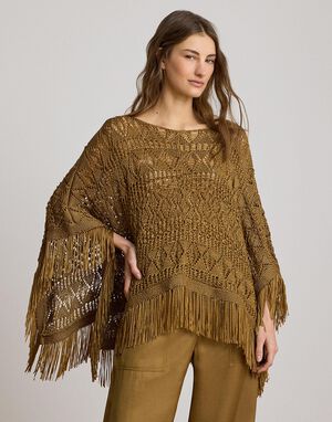 Fringe-Trim Pointelle Sweater Poncho