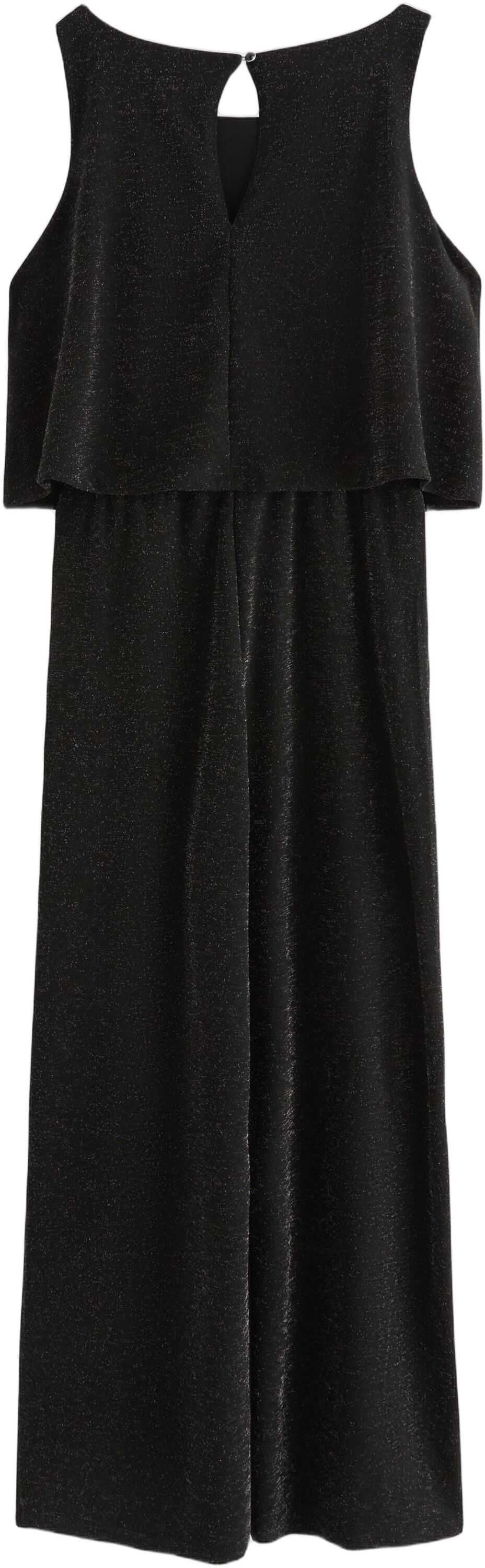 Glitrende, &aelig;rmel&oslash;s buksedragt med b