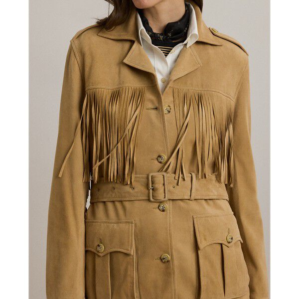 Fringe-Trim Belted Goat-Suede Jacket