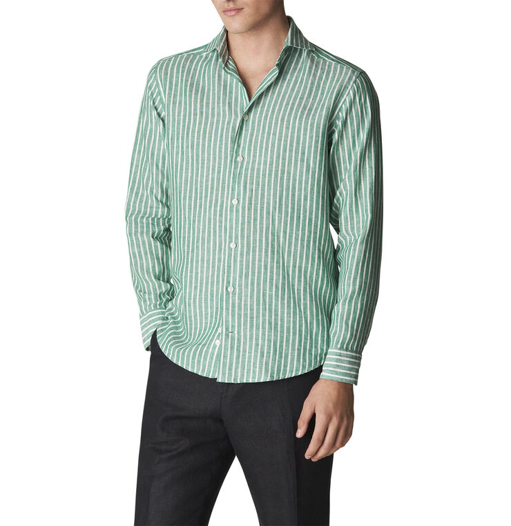 Green Striped Linen Shirt - Slim Fit