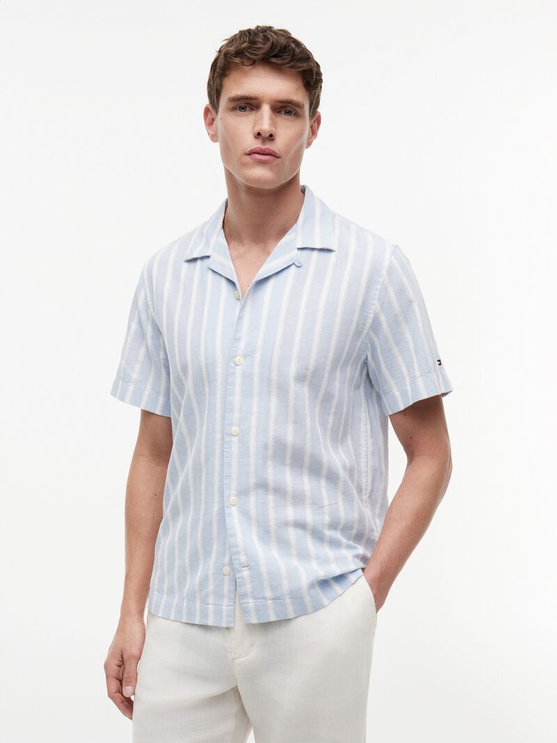 Linen Blend Textured Stripe Short Sleeve Shirt