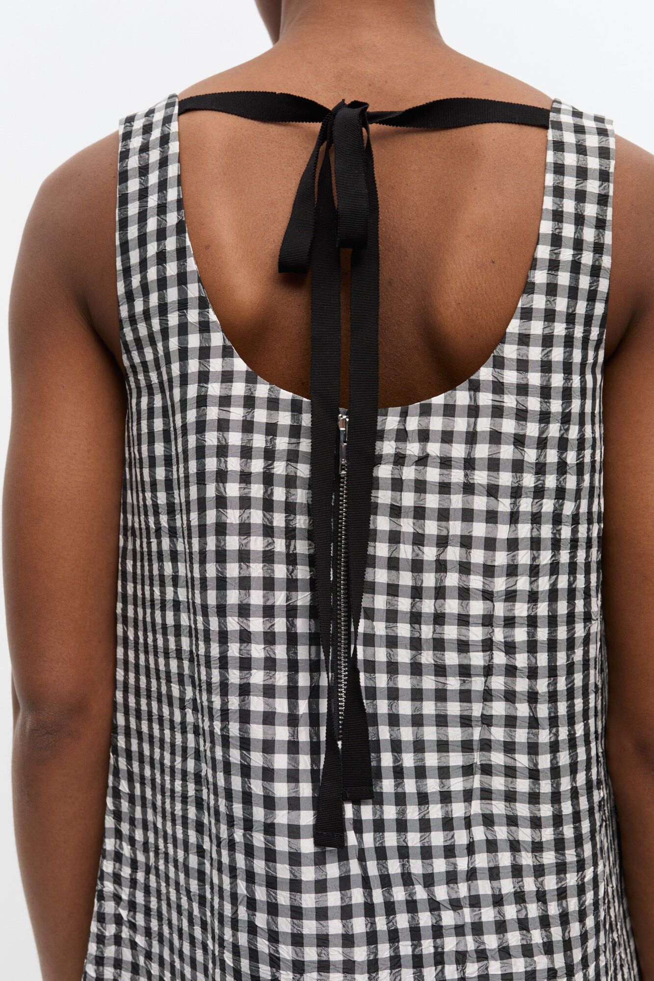 Crinkled Taffeta Check U-neck Long