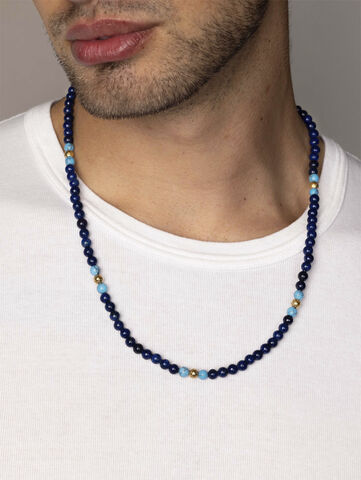 Beaded Necklace with Blue Lapis, Turquoise, and Gold Plating