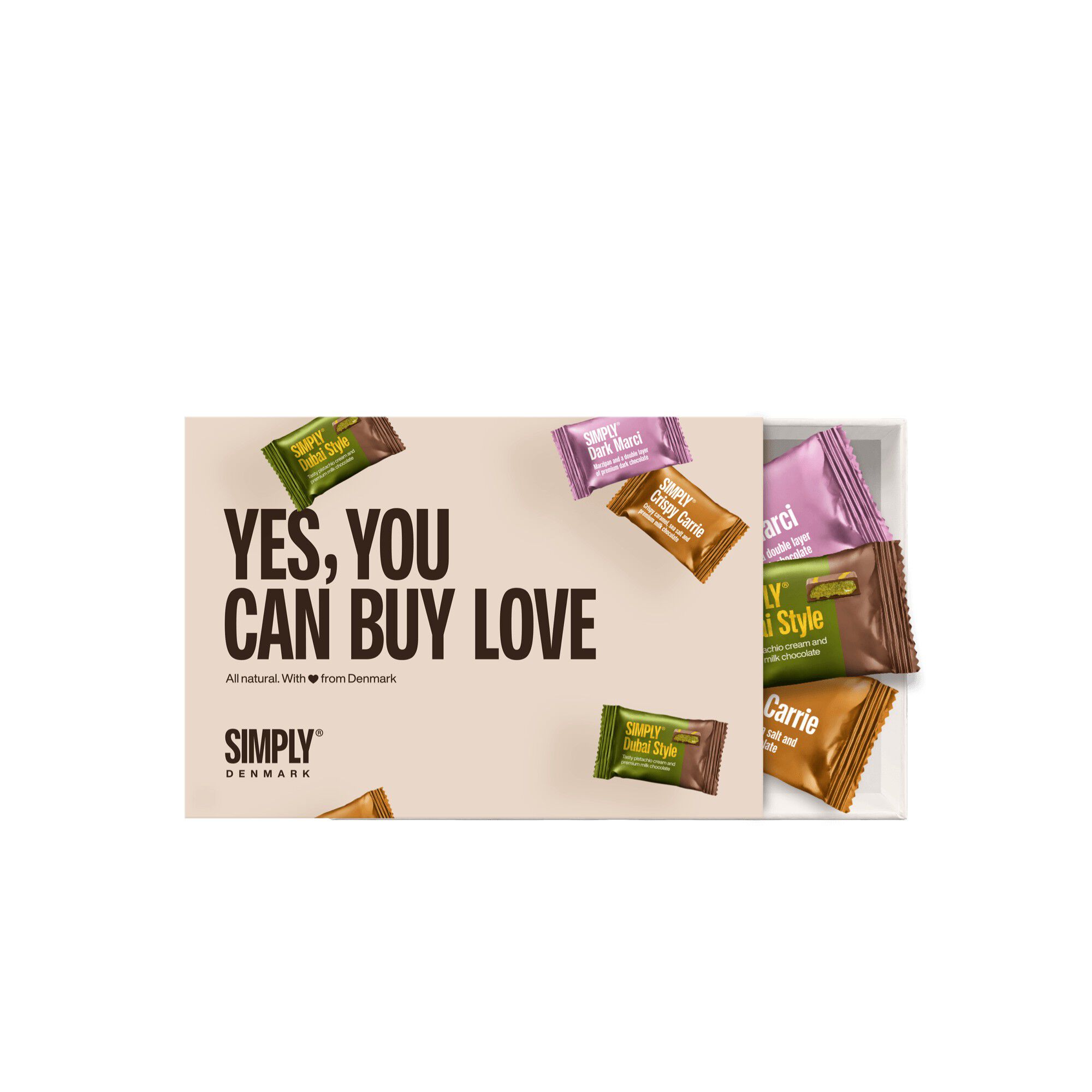 Simply&reg; YES, YOU CAN BUY LOVE chokolade&aelig;ske (120g)