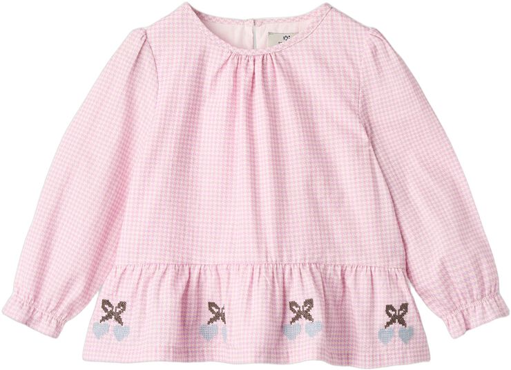 HOUNDSTOOTH BLOUSE W. EMB. AT BOTTOM HEM