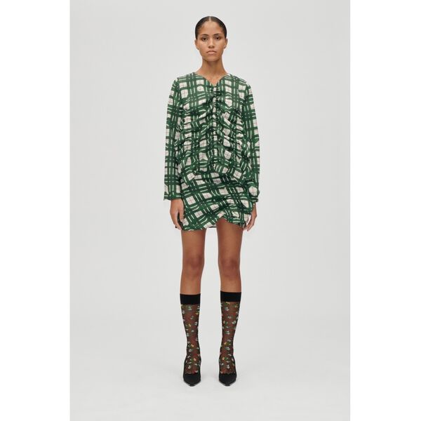 2429 Checkered Cady, Long Sleeve Gathered Ruffle Top